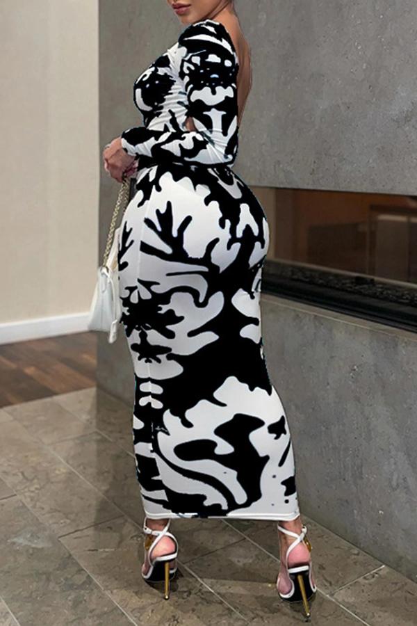 Sexy Long Sleeved Printed Slim Backless Stretch Maxi Dress  Fashionpara