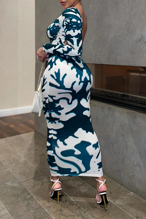 Sexy Long Sleeved Printed Slim Backless Stretch Maxi Dress  Fashionpara