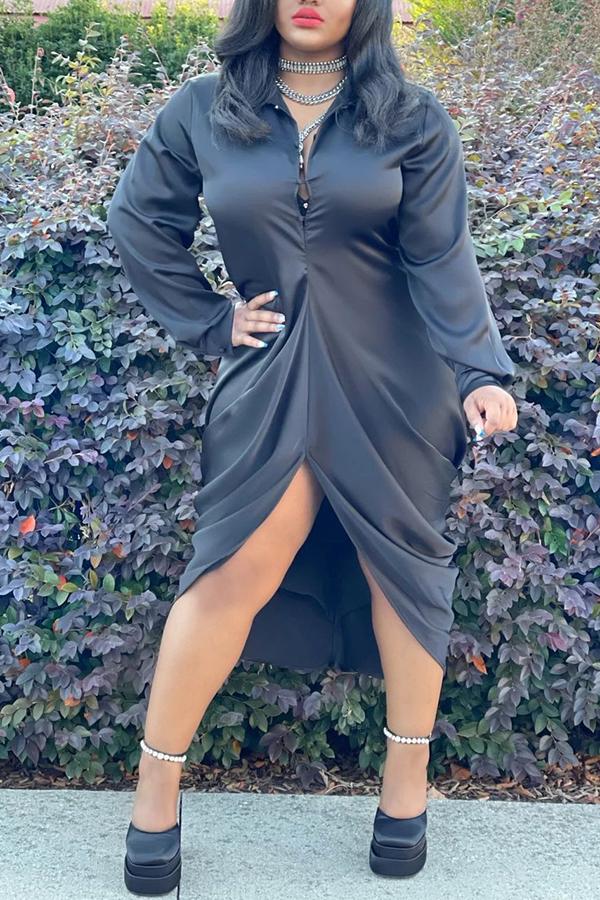 Temperament Rayon Irregular Pleated Shirt Midi Dress  Fashionpara