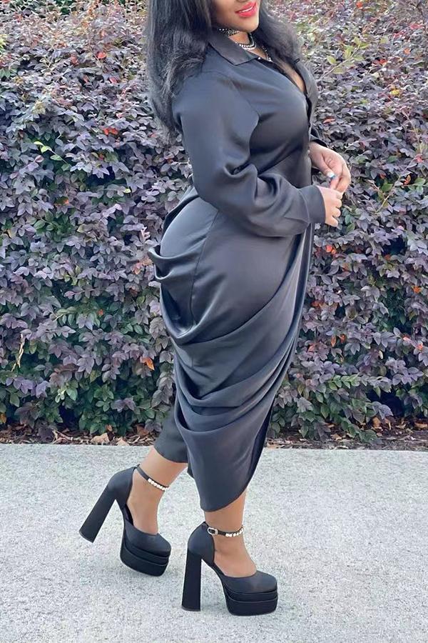 Temperament Rayon Irregular Pleated Shirt Midi Dress  Fashionpara