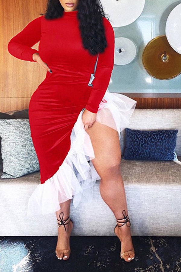 Sexy Velour Slim Fit Irregular Ruffle Stitching Midi Dress  Fashionpara