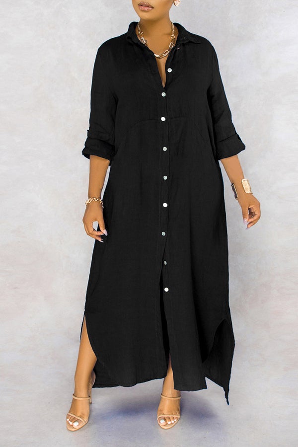 Basic Solid Color Loose Single Breasted Long Sleeve Maxi Dress  Fashionpara
