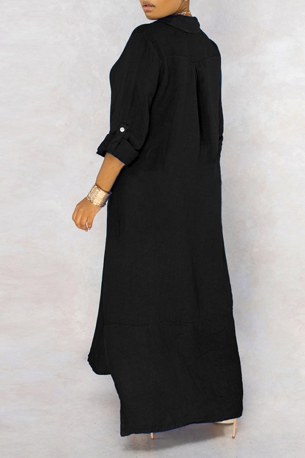 Basic Solid Color Loose Single Breasted Long Sleeve Maxi Dress  Fashionpara
