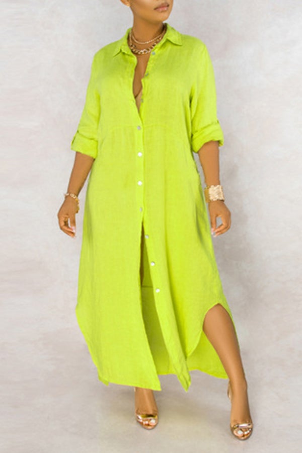 Basic Solid Color Loose Single Breasted Long Sleeve Maxi Dress  Fashionpara
