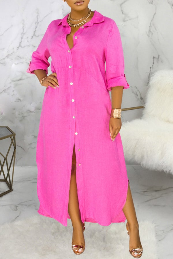 Basic Solid Color Loose Single Breasted Long Sleeve Maxi Dress  Fashionpara