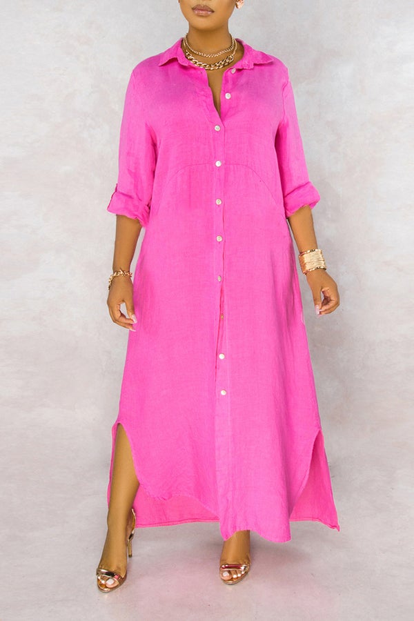 Basic Solid Color Loose Single Breasted Long Sleeve Maxi Dress  Fashionpara