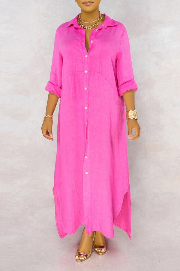 Basic Solid Color Loose Single Breasted Long Sleeve Maxi Dress  Fashionpara