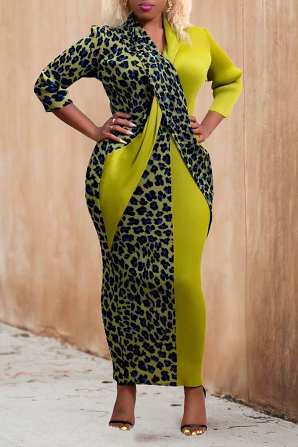 Fashion Leopard Print Stitching Long Sleeve Plus Size Maxi Dress  Fashionpara