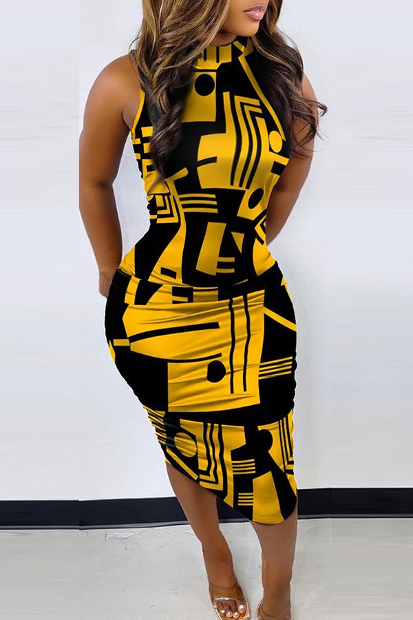 Feminine Graphic Print Sleeveless Slim Fit Midi Dress  Fashionpara