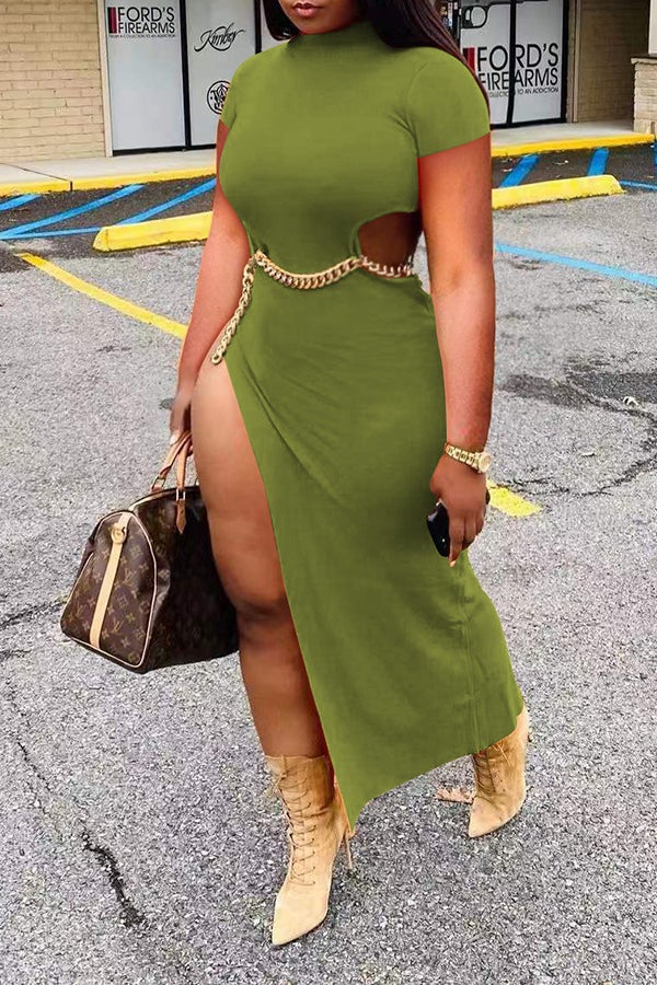 Sexy Waist Cutout Chain High Slit Slim Fit Short Sleeve Maxi Dress  Fashionpara