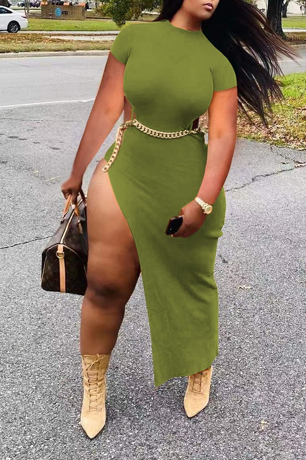 Sexy Waist Cutout Chain High Slit Slim Fit Short Sleeve Maxi Dress  Fashionpara