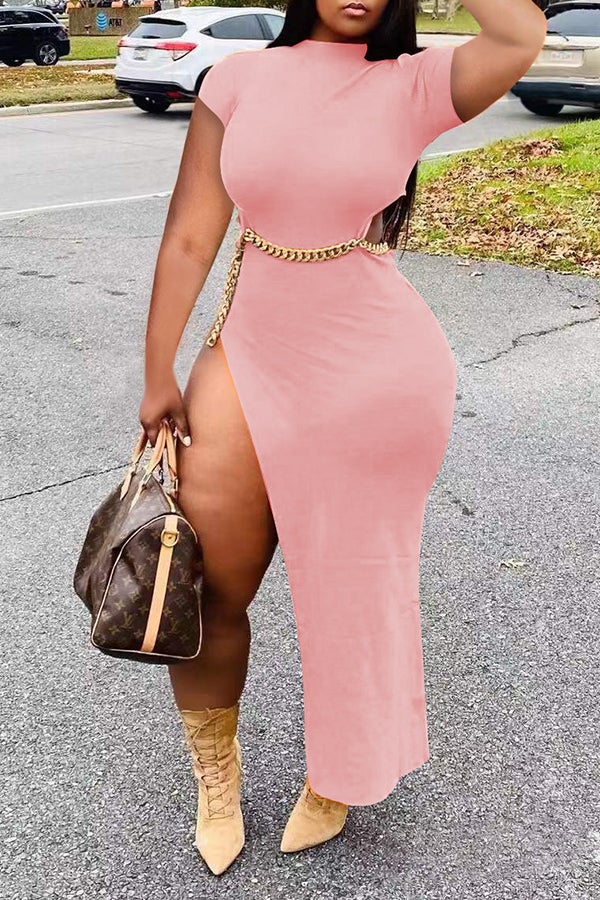 Sexy Waist Cutout Chain High Slit Slim Fit Short Sleeve Maxi Dress  Fashionpara