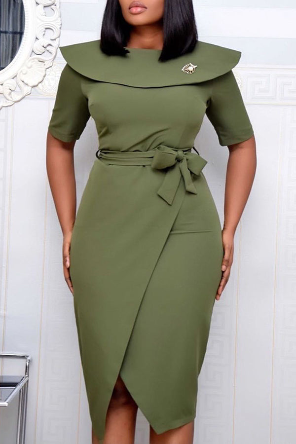 Commuter Solid Color Round Neck Half Sleeve Lace Up Slit Midi Dress  Fashionpara