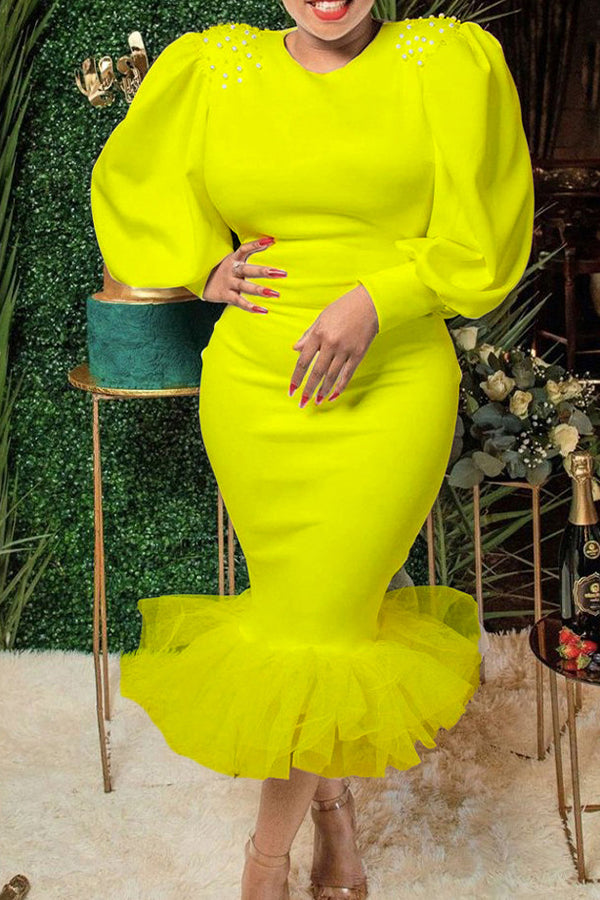 Elegant Round Neck Puff Sleeve Mesh Stitching Fishtail Midi Dress  Fashionpara