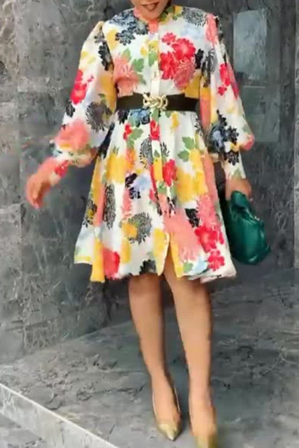 Commuter Flower Print Long Sleeve Mandarin Collar Midi Dress  Fashionpara