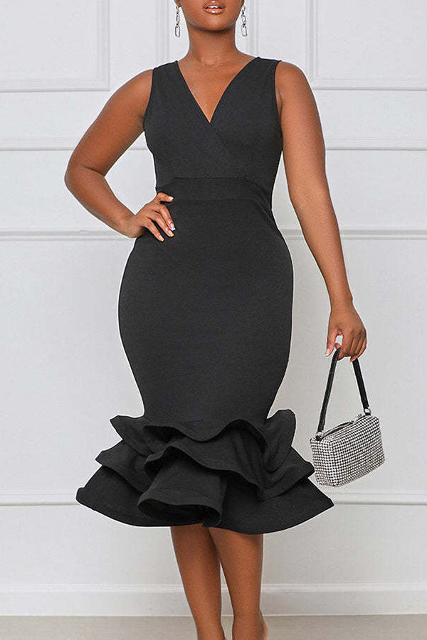 Elegant V-neck Sleeveless Slim Fit  3D Ruffle Hem Midi Dress  Fashionpara