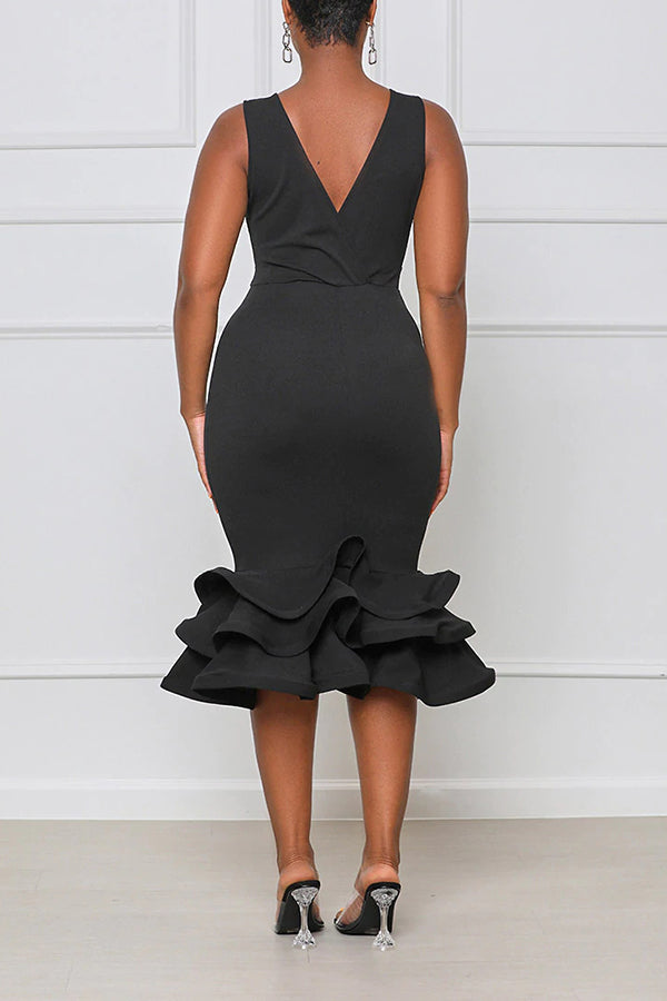 Elegant V-neck Sleeveless Slim Fit  3D Ruffle Hem Midi Dress  Fashionpara