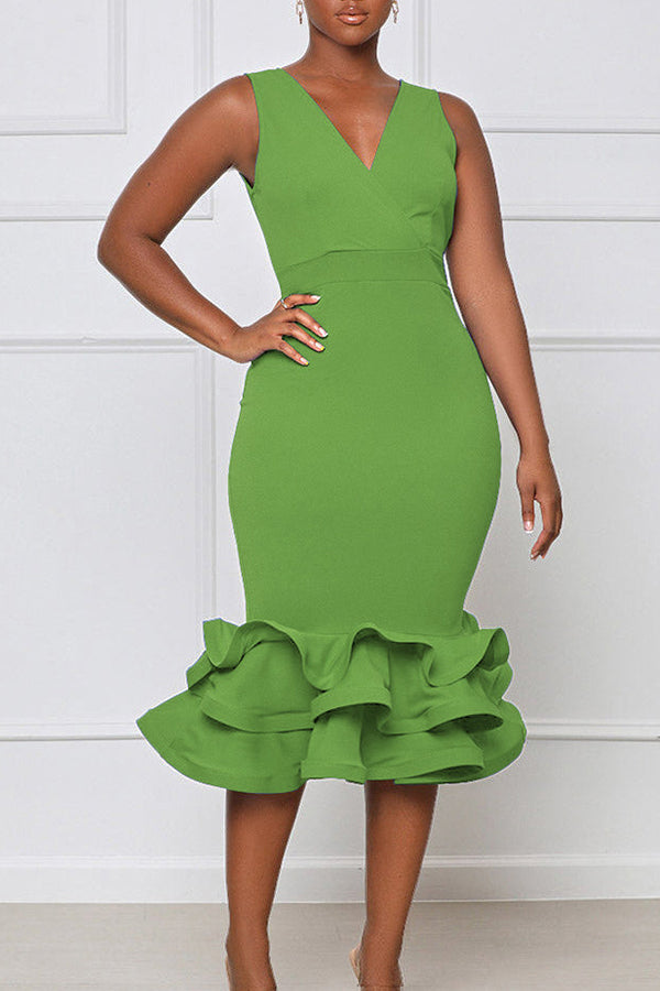 Elegant V-neck Sleeveless Slim Fit  3D Ruffle Hem Midi Dress  Fashionpara