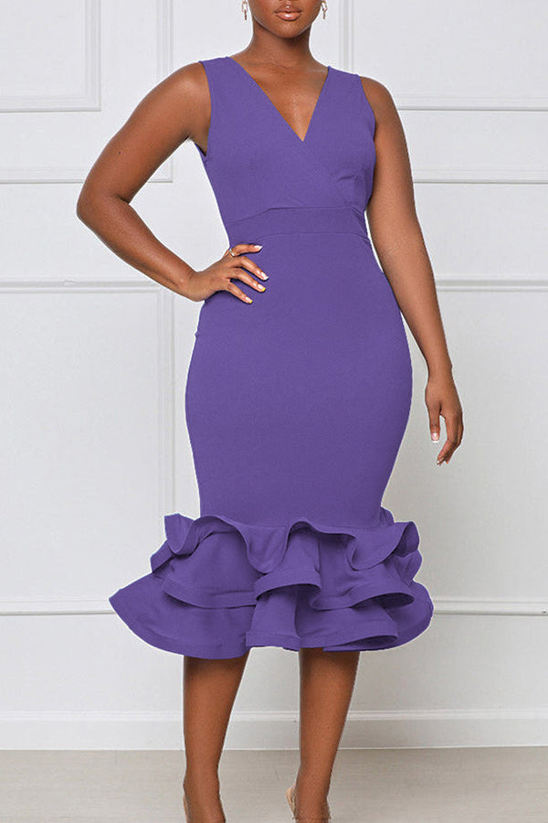 Elegant V-neck Sleeveless Slim Fit  3D Ruffle Hem Midi Dress  Fashionpara