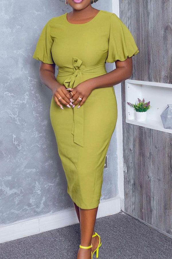Temperament Round Neck Solid Color Lantern Sleeve Midi Dress