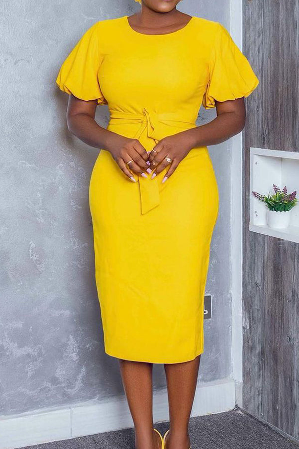 Temperament Round Neck Solid Color Lantern Sleeve Midi Dress