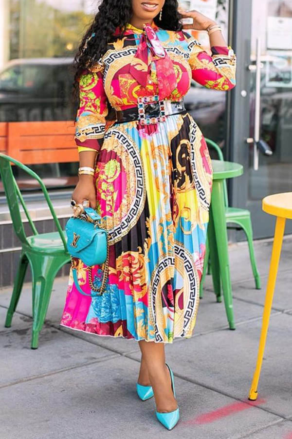 Temperament Lace Up Neck 3/4 Lenght Sleeve Print Midi Dress (Without Belt)  Fashionpara