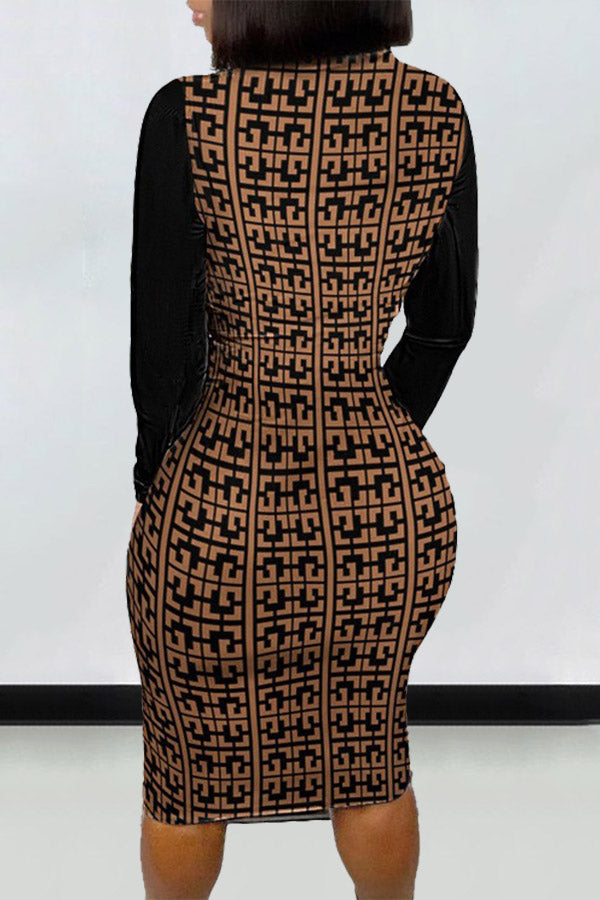 Fashion Round Neck Long Sleeve Print Zipper Slim Fit Mini Dress  Fashionpara