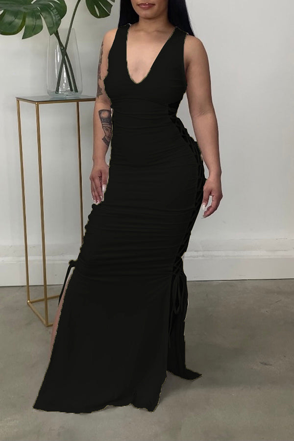 Sexy V-neck Sleeveless Cutout Lace Up Slim Fit Maxi Dress  Fashionpara