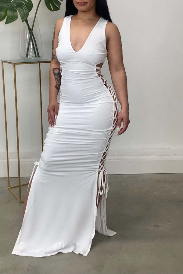 Sexy V-neck Sleeveless Cutout Lace Up Slim Fit Maxi Dress  Fashionpara
