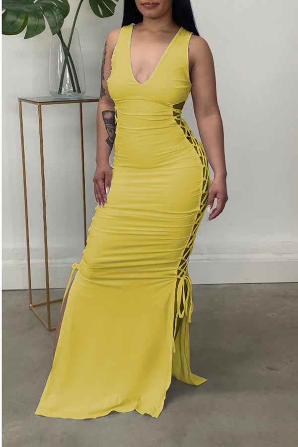Sexy V-neck Sleeveless Cutout Lace Up Slim Fit Maxi Dress  Fashionpara
