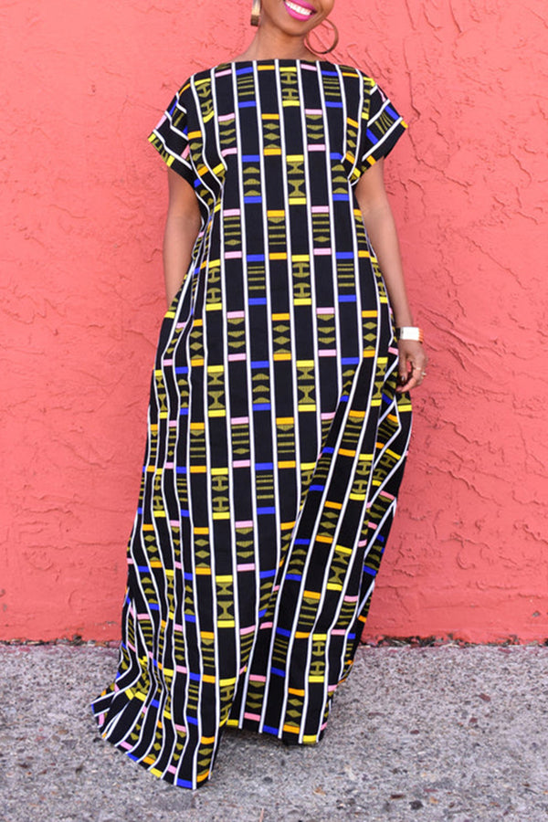 Fashion Graphic Print Backless Short Sleeve Loose Maxi Dress  Fashionpara