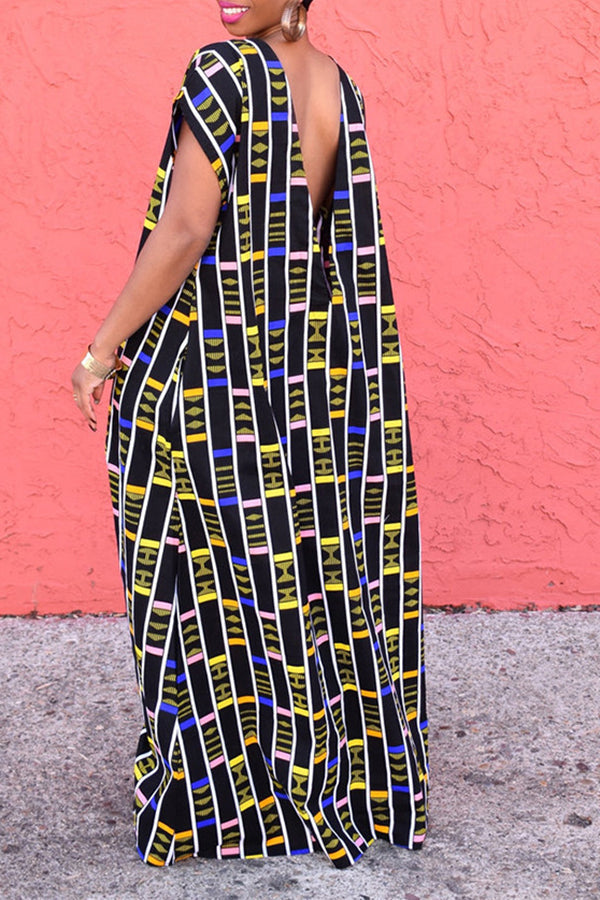 Fashion Graphic Print Backless Short Sleeve Loose Maxi Dress  Fashionpara