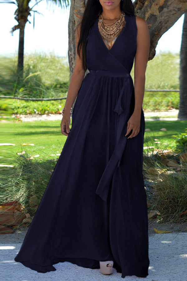 Classic Solid Color V-neck Sleeveless Lace Up Maxi Dress  Fashionpara