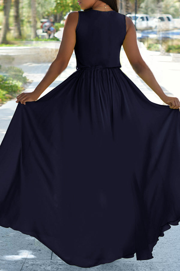 Classic Solid Color V-neck Sleeveless Lace Up Maxi Dress  Fashionpara