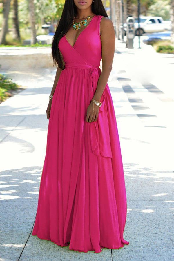 Classic Solid Color V-neck Sleeveless Lace Up Maxi Dress  Fashionpara