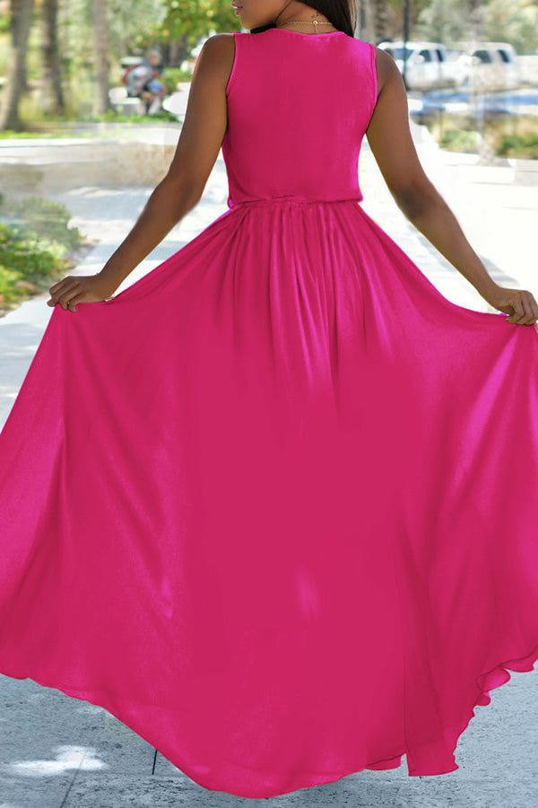 Classic Solid Color V-neck Sleeveless Lace Up Maxi Dress  Fashionpara