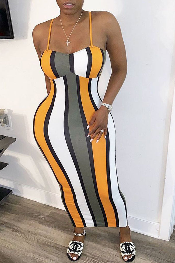 Sexy Printed Striped Contrast Slip Dress  Fashionpara
