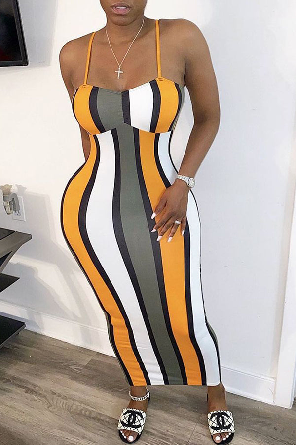 Sexy Printed Striped Contrast Slip Dress  Fashionpara
