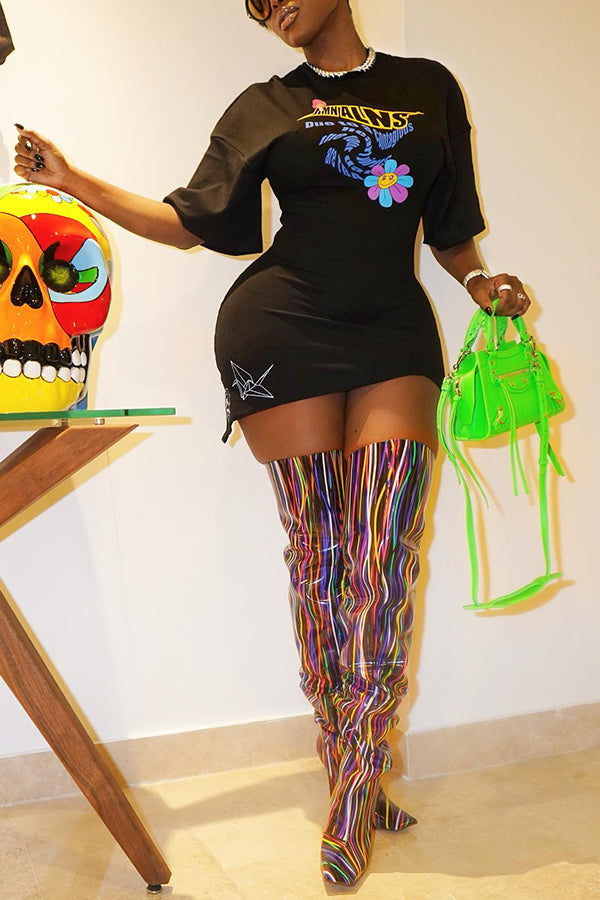 Fashion Printed Waist Slim Bag Hip Short Dress  Fashionpara