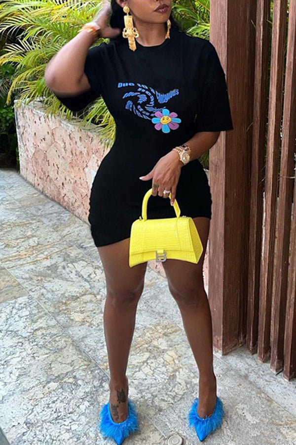 Fashion Printed Waist Slim Bag Hip Short Dress  Fashionpara