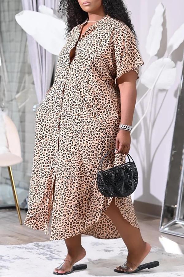 Plus Size Leopard Button Down Pocket Shirt Dress  Fashionpara
