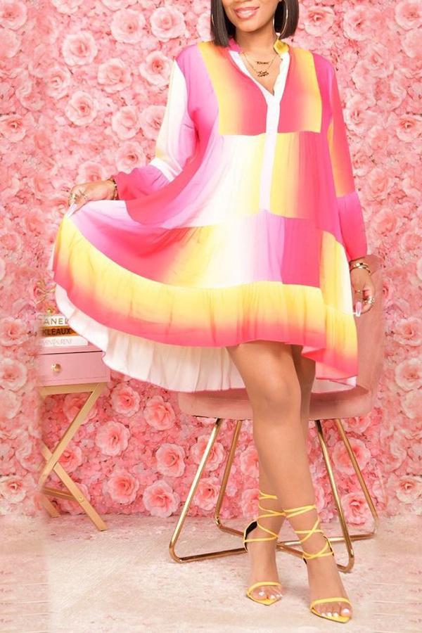 Gradient Color Block Long Sleeve Swagger Dress  Fashionpara