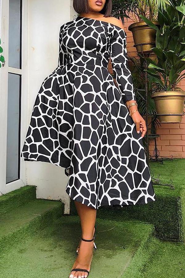 Fashion Print Oblique Collar Long Sleeve Swagger Dress