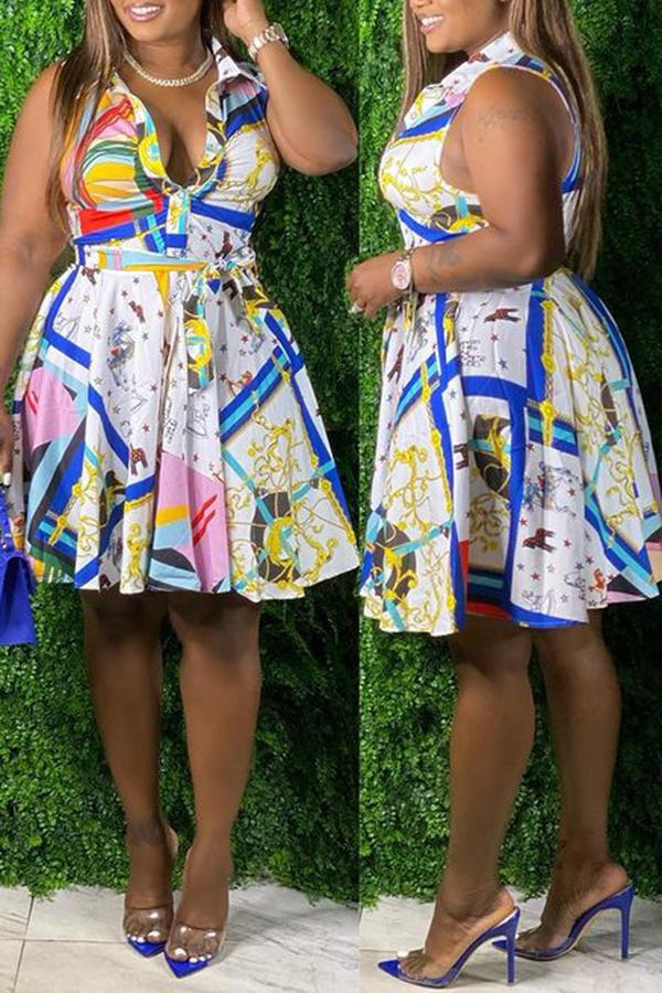 Plus Size Fashion Print Sleeveless Tie Waist Dress