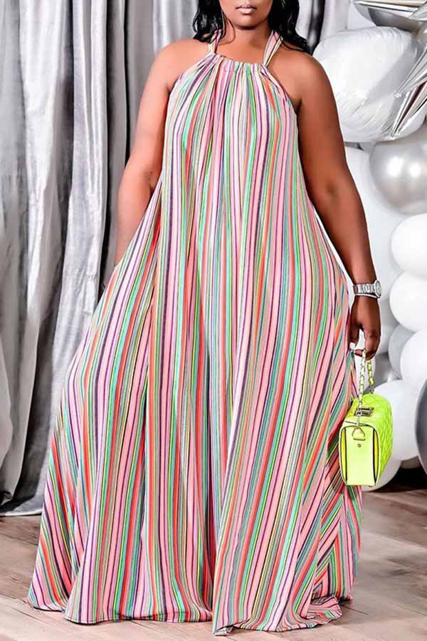 Plus Size Halter Striped Maxi Dress  Fashionpara