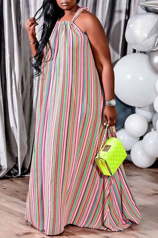 Plus Size Halter Striped Maxi Dress  Fashionpara