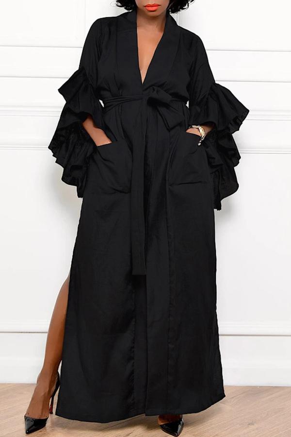 V-neck Solid Ruffle Sleeve Pocket Tie Maxi Dress  Fashionpara