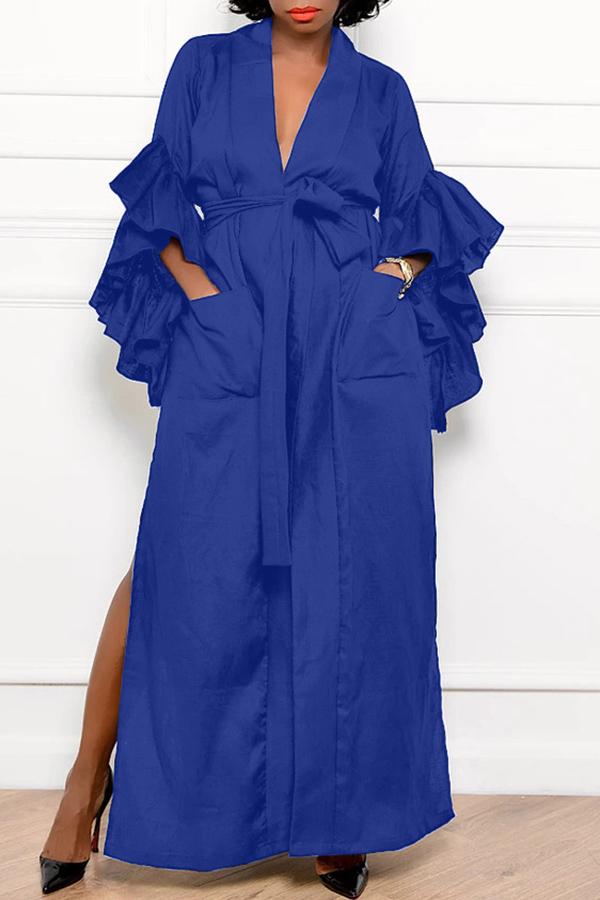 V-neck Solid Ruffle Sleeve Pocket Tie Maxi Dress  Fashionpara