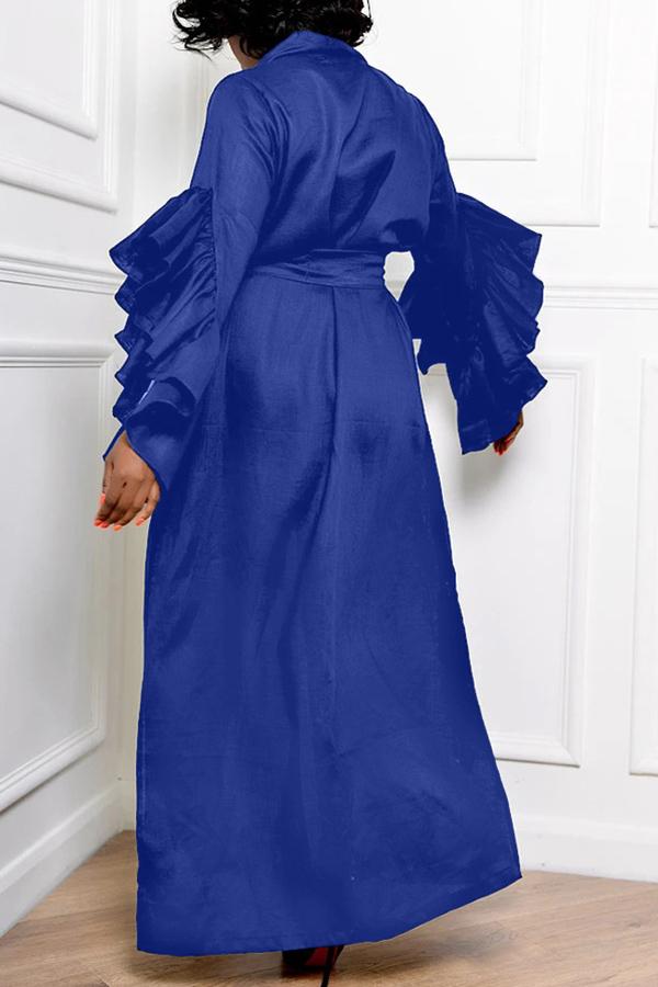 V-neck Solid Ruffle Sleeve Pocket Tie Maxi Dress  Fashionpara