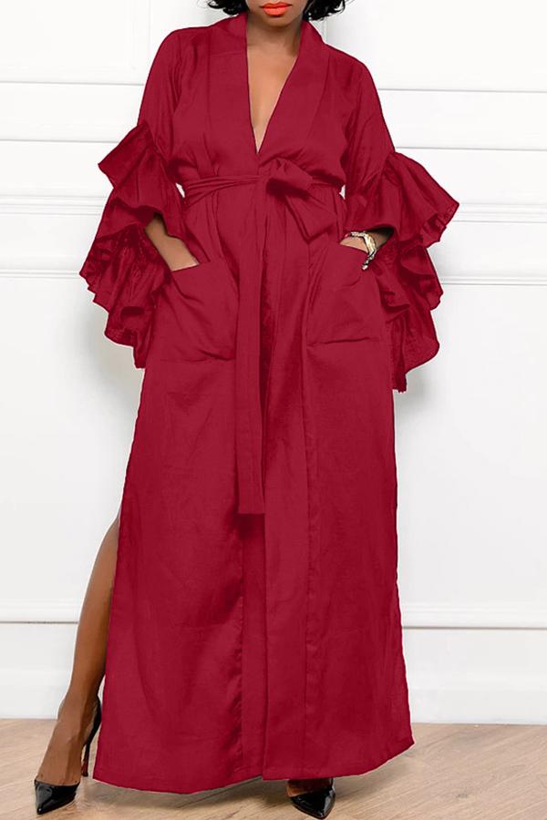 V-neck Solid Ruffle Sleeve Pocket Tie Maxi Dress  Fashionpara